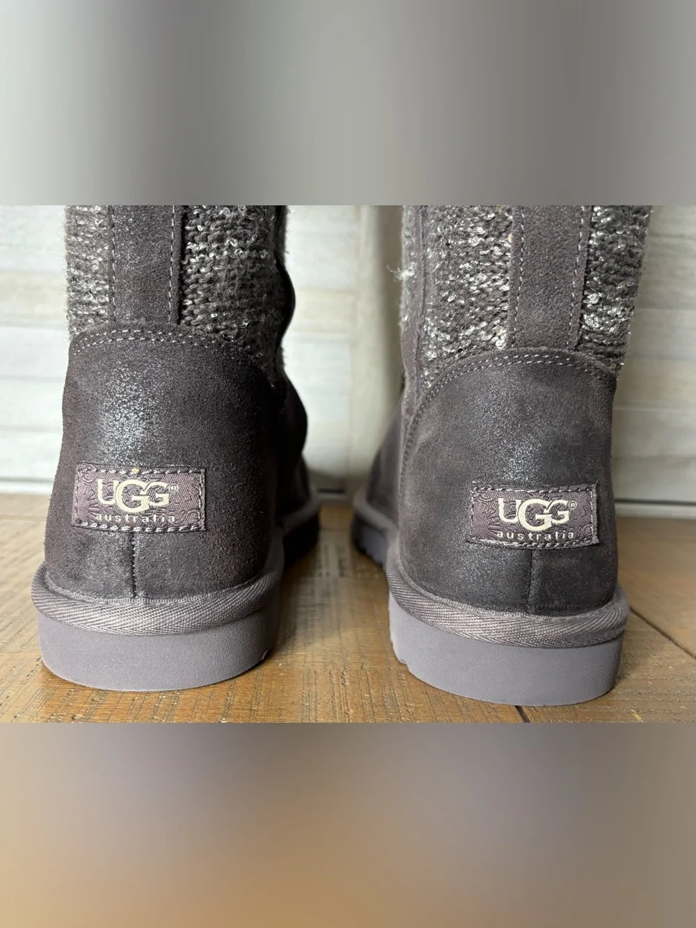 UGG Australia Camaya Tall Suede Sequin Knit Sweater Boots Gray Size 8